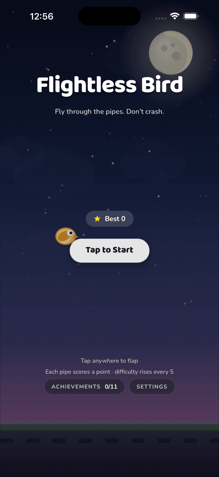 The start screen: the bird under a full moon in a night sky, the best score, and the two ways into achievements and settings.