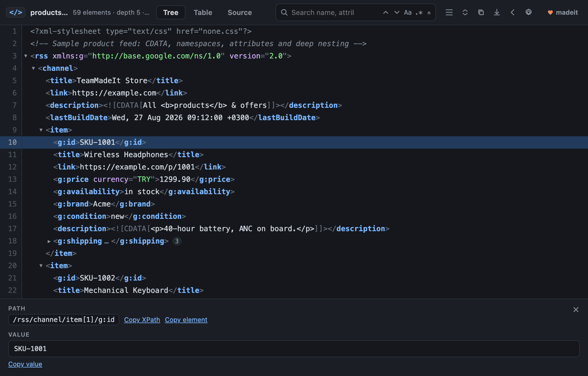 The extension showing a product feed as a collapsible tree, with an inspector panel underneath displaying the XPath and value of the selected node.