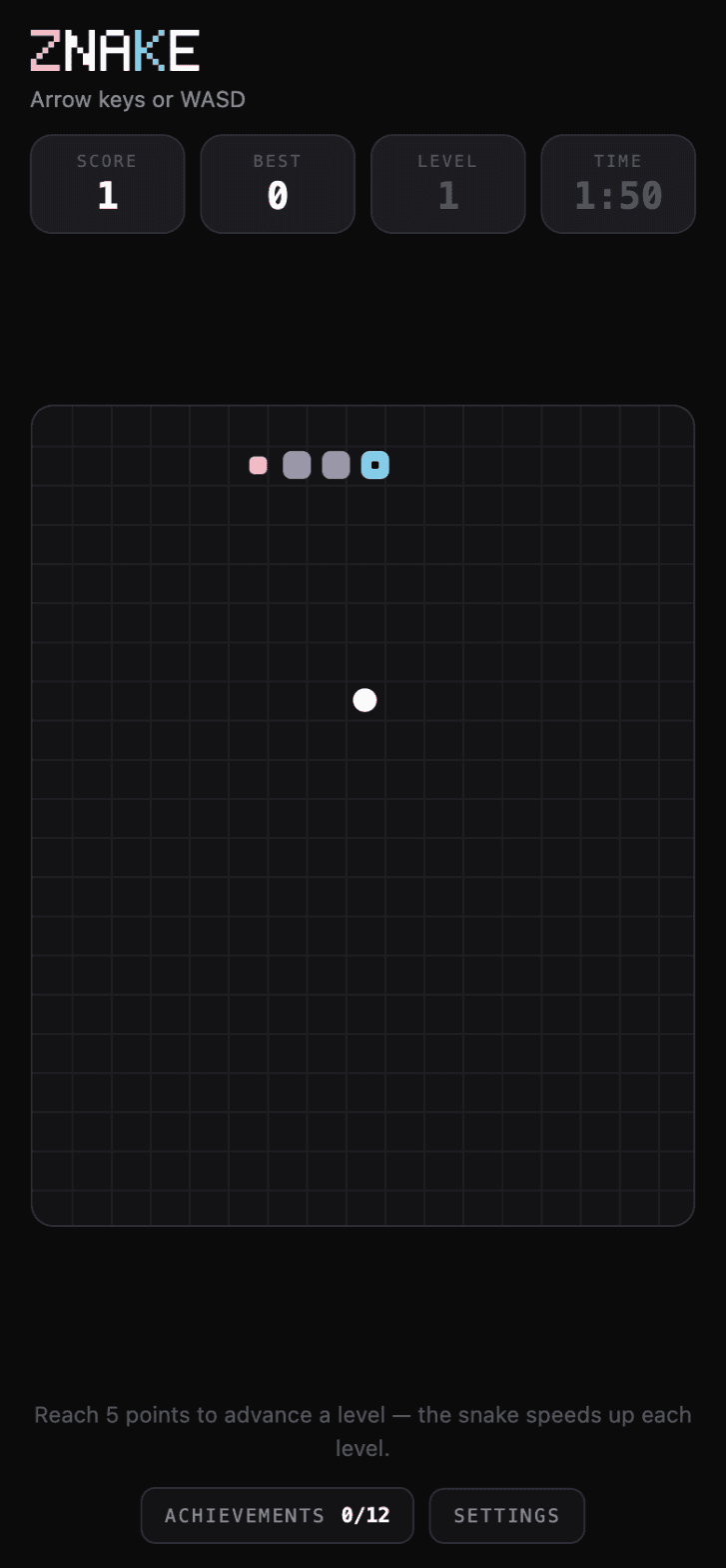A run in progress: the snake mid-board, a pellet ahead of it, score and timer above.